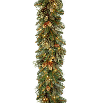 National Tree Company Pre-Lit Artificial Christmas Garland, Green, Carolina Pine, White Lights, Decorated with Pine Cones, Plug In, Christmas Collection, 9 Feet