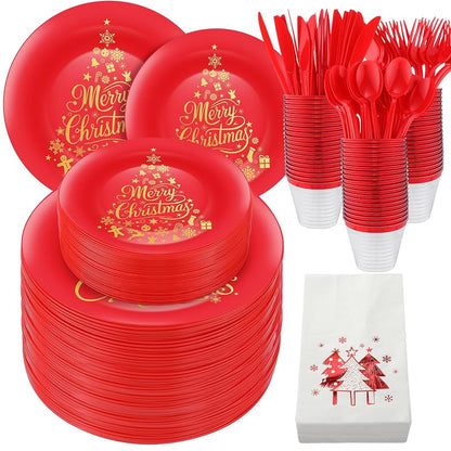 Christmas Disposable Dinnerware Set 280 PCS - 40 Plates, 40 Cups, 40 Dessert Plates, 40 Napkins, 40 Cutlery