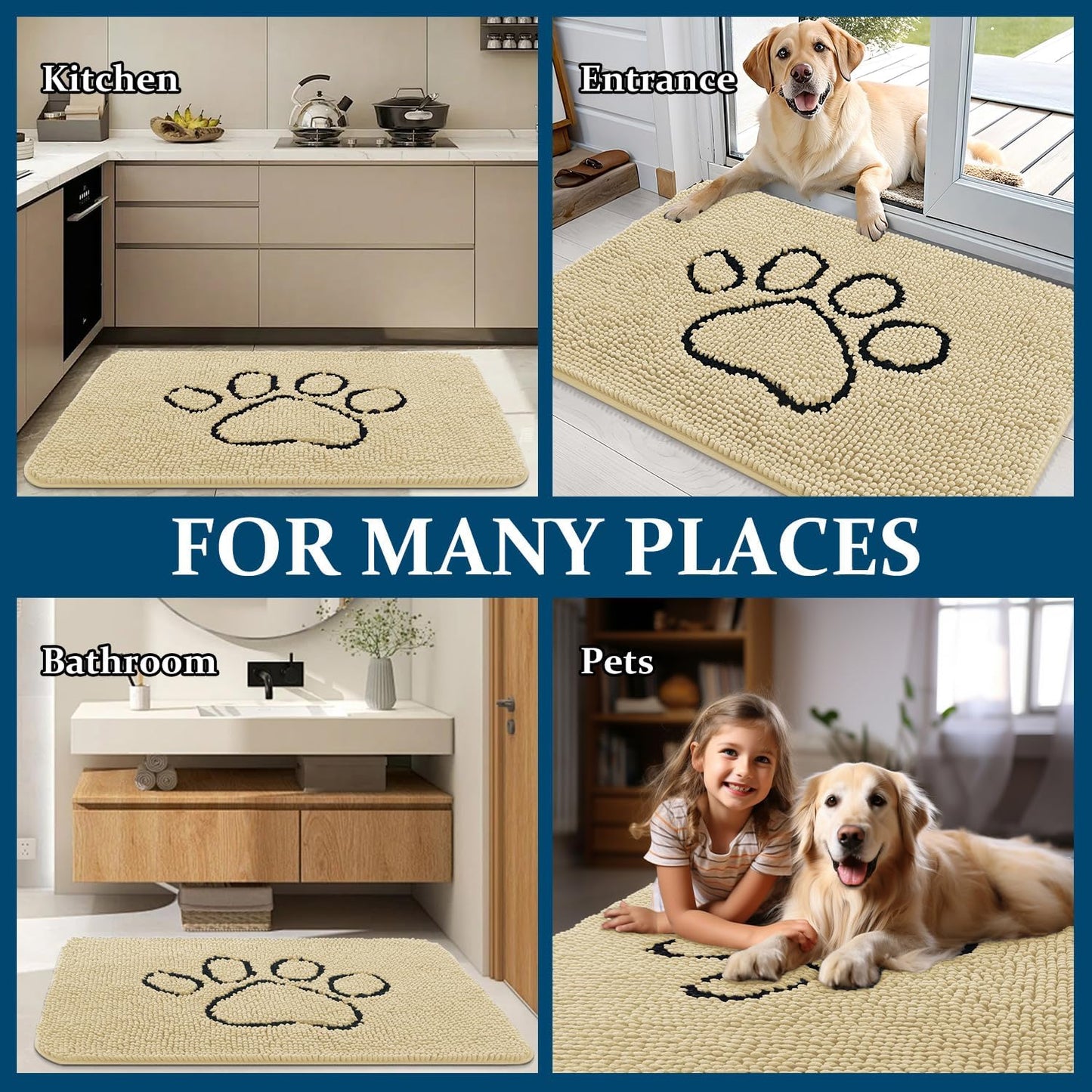 OLANLY Dog Door Mat - Absorbent Non-Slip Mud Mat for Dogs | 48x30 Paw Print Design, Quick Dry Chenille