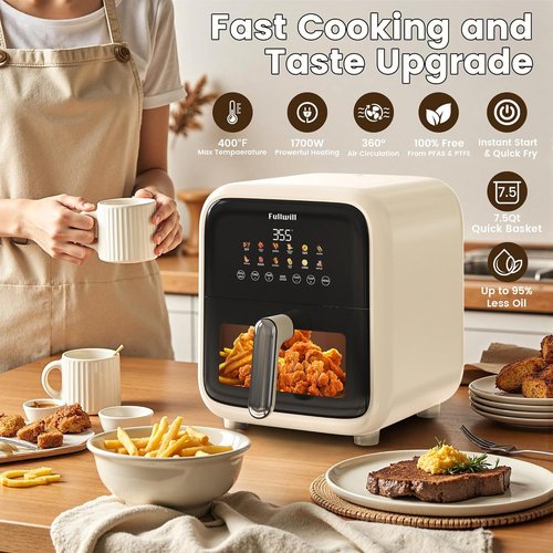 Fullwill Air Fryer - 7.5QT Multi-Function Cooker with Visible Window & Nonstick Basket | 1700W, Creamy White