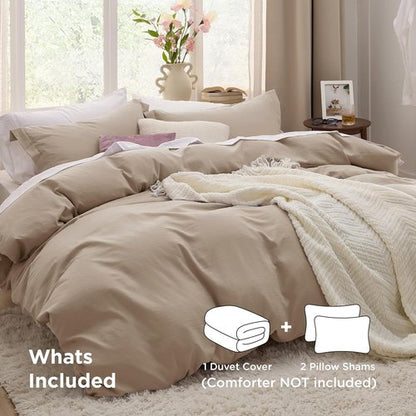 Bedsure King Duvet Cover Set - Soft Prewashed Cotton-Like Polyester, Light Brown | 3 Pieces, 120x98 Inches