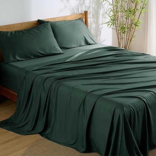 Bedsure Queen Sheet Set - Cooling Rayon Bamboo Sheets | Breathable & Soft, Deep Pocket 16" - Forest Green