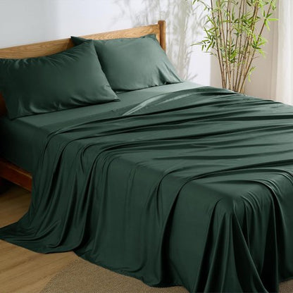 Bedsure Queen Sheet Set - Cooling Rayon Bamboo Sheets | Breathable & Soft, Deep Pocket 16" - Forest Green