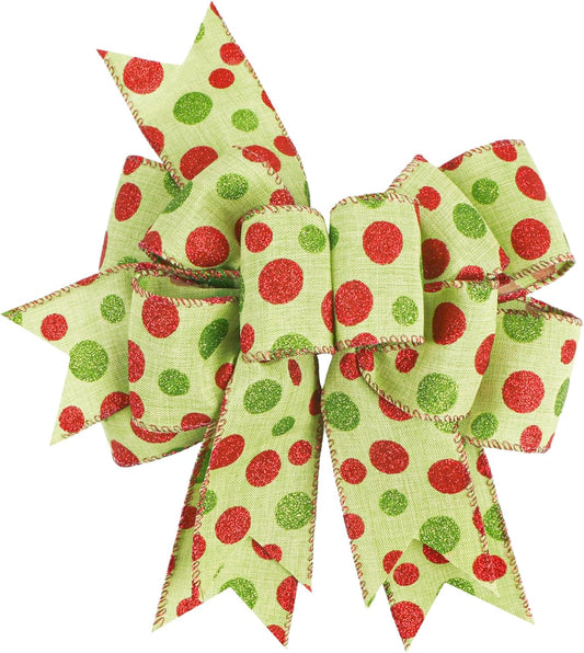 SIMISI Ribbon Christmas Bow - Rustic Green & Red Dots Burlap Decor for Wreaths & Trees | 9.5 x 13 Inch
