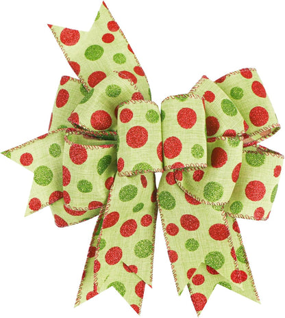 SIMISI Ribbon Christmas Bow - Rustic Burlap with Green & Red Dots for Wreaths & Holiday Decor | 9.5 x 13 Inch