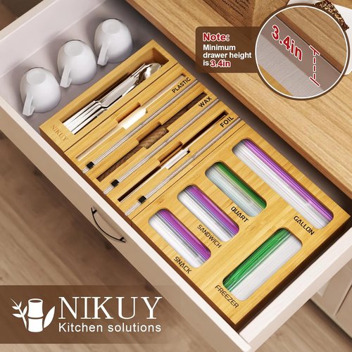 Bamboo 9-in-1 Foil & Plastic Wrap Organizer - Kitchen Drawer Storage with Labels for Bags