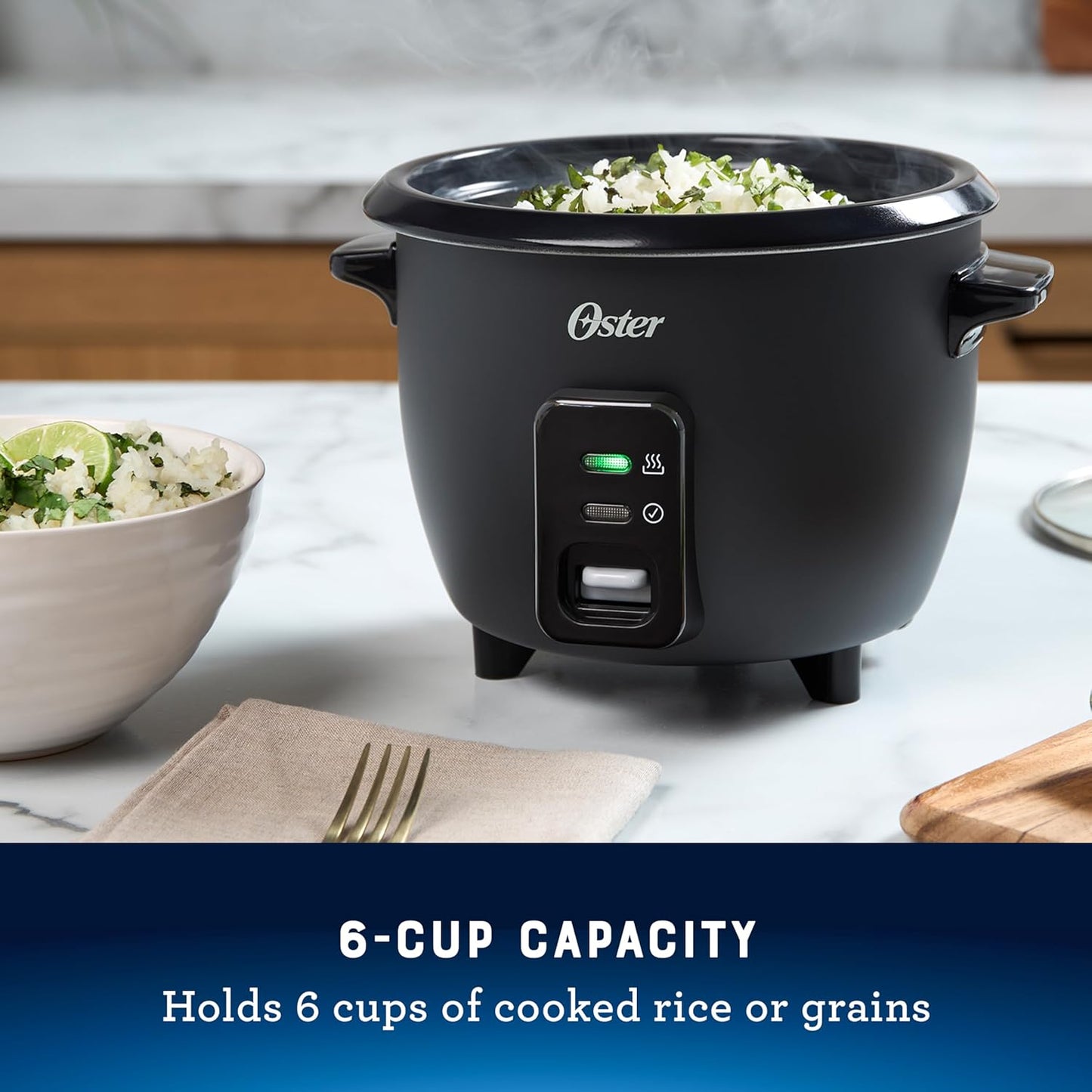 Oster Rice Cooker - 6-Cup Electric Rice Maker with Steamer Tray & Nonstick Pot | Black Finish