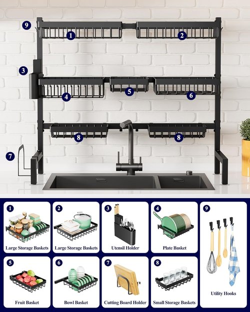 Kitsure Over The Sink Dish Drying Rack - Adjustable 31.5" to 39.4" Kitchen Rack with Multifunctional Baskets, Black