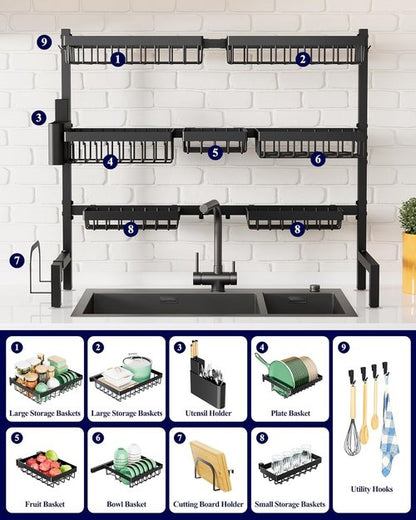 Kitsure Over The Sink Dish Drying Rack - Adjustable 31.5" to 39.4" Kitchen Rack with Multifunctional Baskets, Black