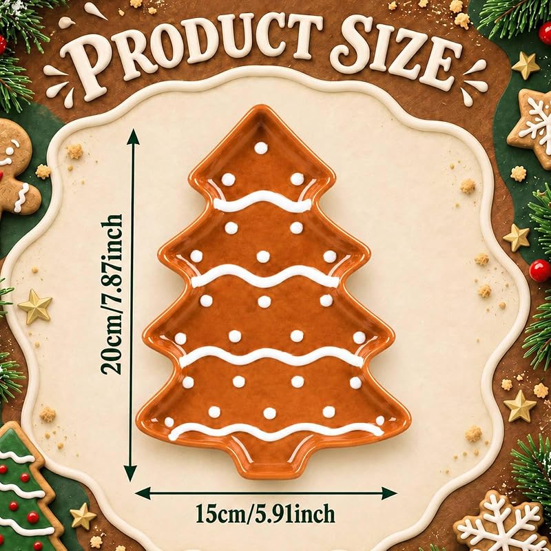 FillTouch 4 Pcs 5.9'' Christmas Gingerbread Tree Ceramic Plates - Brown