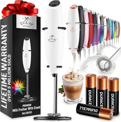 Zulay Kitchen Milk Frother Wand - Ultra-Fast Handheld Electric Whisk for Coffee & Lattes - White & Black