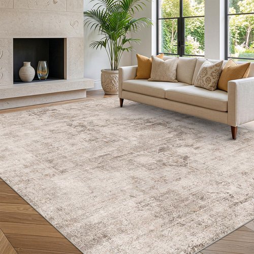 Hazo Haus Washable 5x7 Area Rugs for Living Room, Neutral Beige & Peach Farmhouse Rug for Dining Room & Bedroom, Ultra Soft Low-Pile Non-Slip Stain Resistant