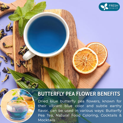 FreshDrinkUS, Premium 6oz Butterfly Pea Flowers, 100% Natural & Pure from Whole Blue Butterfly Pea Flowers, Wildcrafted, Dried Blue Butterfly Pea Flowers Herbal Tea, No Gluten, Vegan