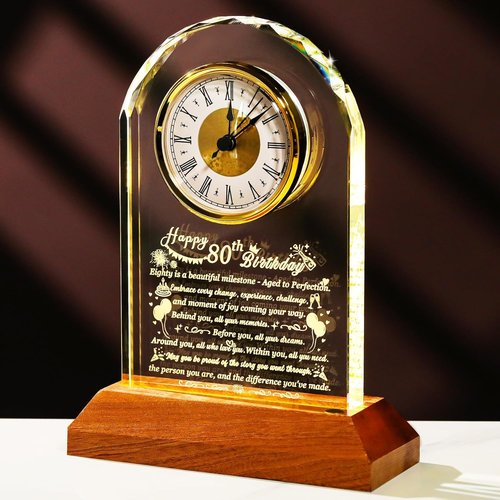 Arikyrist 80th Birthday Glass Clock - Unique Quartz Gift with Wooden Base for Men & Women