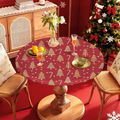Round Fitted Christmas Tablecloth 37-44in - Elastic Edge, 65in Table Coverage - ARTSGOO Tree + 44" Variation