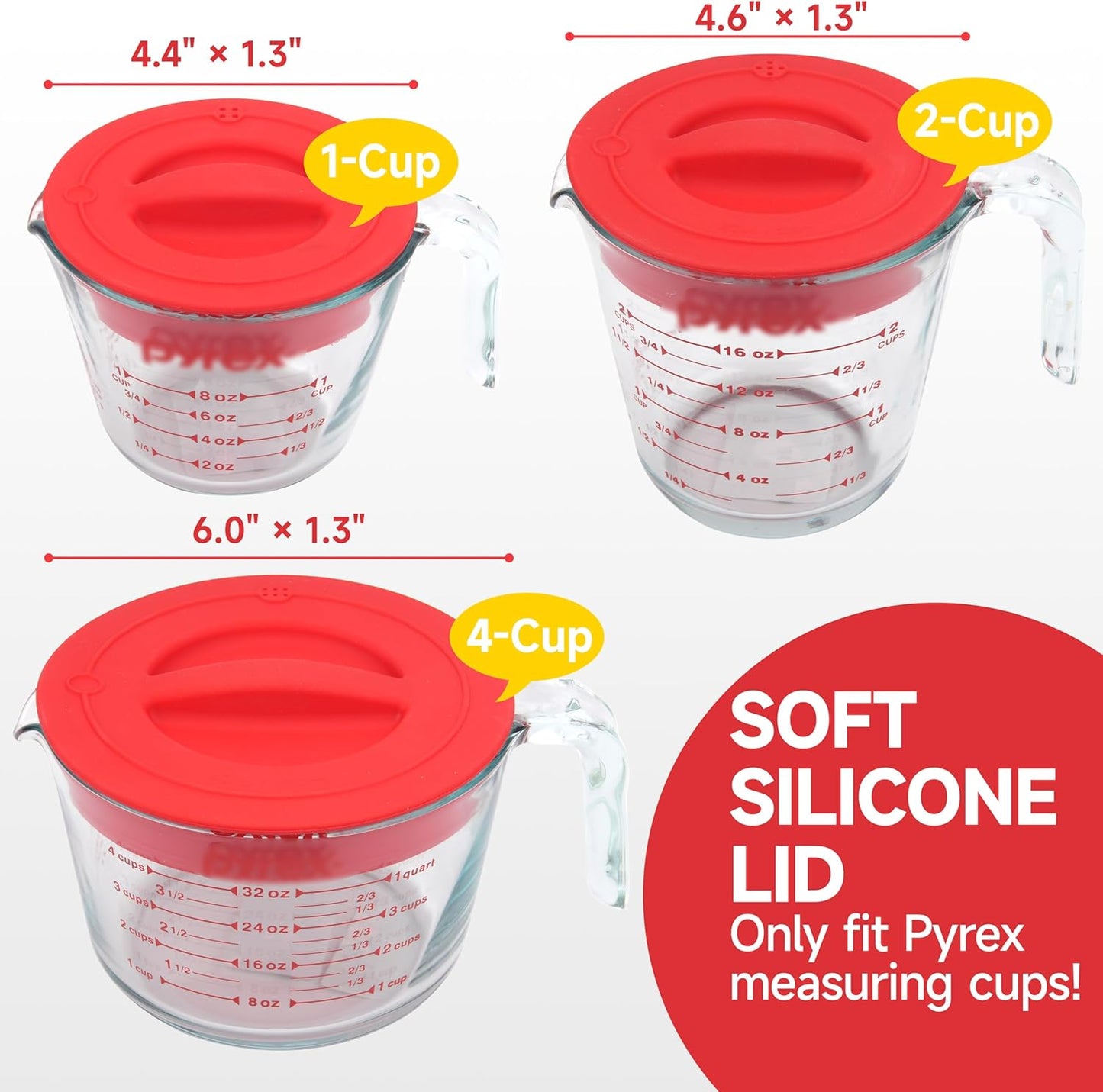 Silicone Lids by Pyrex - Food-Grade Replacement Lids for 1, 2 & 4 Cup Measuring Cups | Red, Microwave & Dishwasher Safe - 3 Pack
