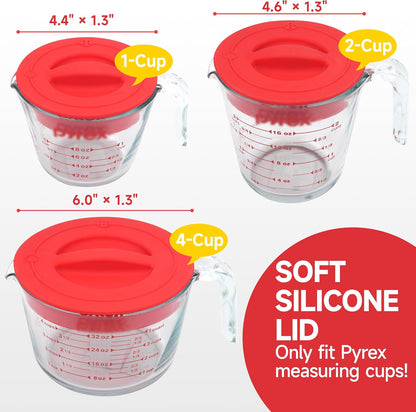 Silicone Lids by Pyrex - Food-Grade Replacement Lids for 1, 2 & 4 Cup Measuring Cups | Red, Microwave & Dishwasher Safe - 3 Pack