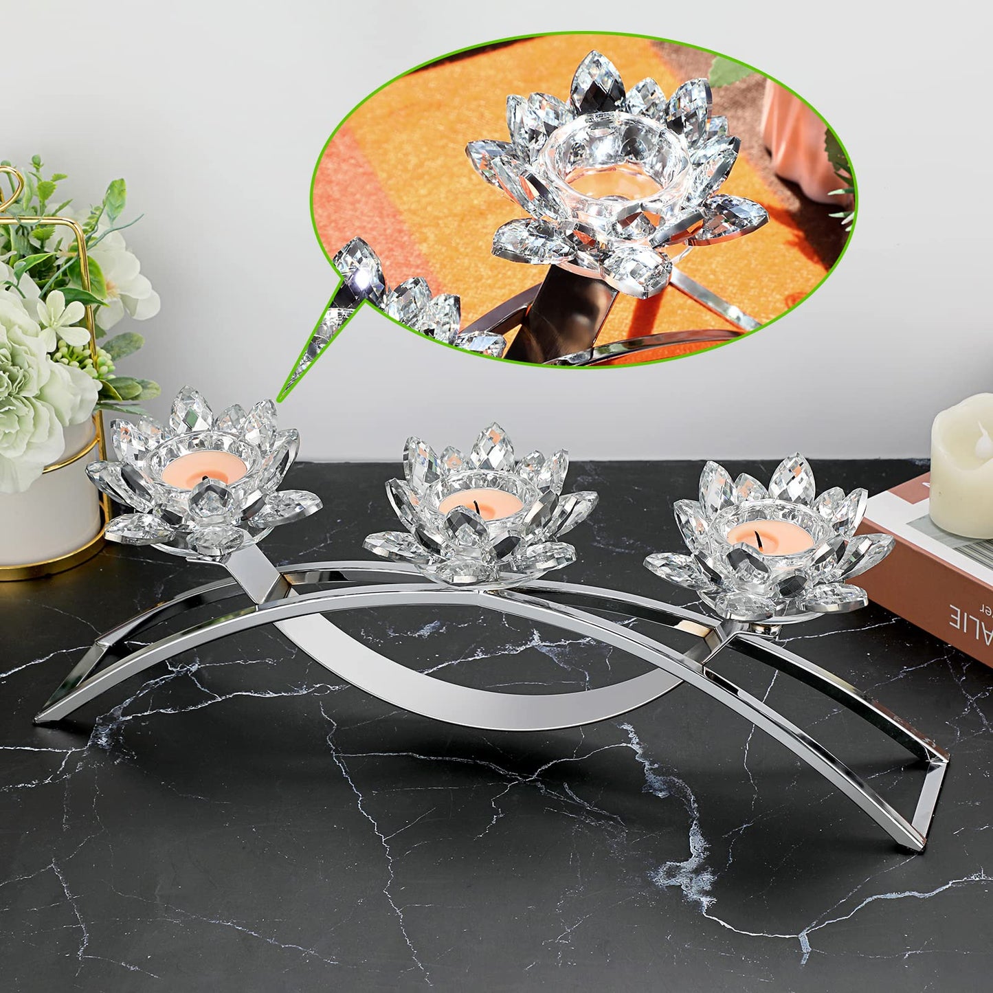 OwnMy 3 Arms Crystal Lotus Tealight Candle Holders Crystal Lotus Flower Votive Candle Stands, Decorative 3-Arms Crystal Lotus Candelabra Metal Crystal Lotus Candlestick Holder for Table Centerpiece