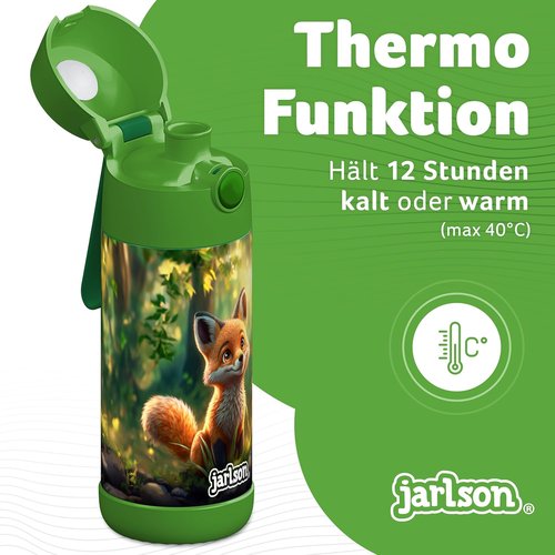 Jarlson® Kids Water Bottle MALI - 12oz Insulated Stainless Steel Thermos | Leak-Proof for School & Sports (Fox)