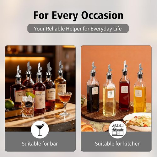 Auto Flip Liquor Pour Spouts 2-Pack, Leak-Proof 304 Stainless Steel Wine Pourer & Olive Oil Dispenser with Food-Grade Silicone for Kitchen, Bar, Restaurant (Silver)