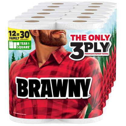 Brawny Tear-A-Square 3-Ply Paper Towels, 12 XL Family Rolls = 30 Regular Rolls, Strong, Absorbent, and Durable with 3 Sheet Sizes (Quarter, Half, Full)