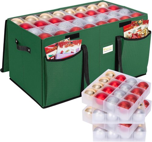 BALEINE Soft Christmas Wrapping Paper Storage Bag - Ornament Storage Box with Dividers (Holds 128 Balls)