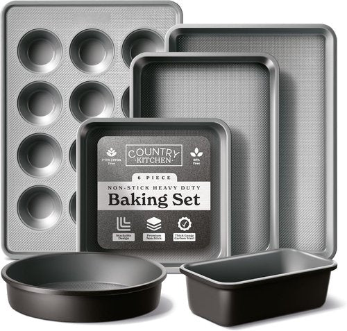 Country Kitchen Nonstick Bakeware Set - Durable & Easy Release, 6-Piece Black Stackable Set