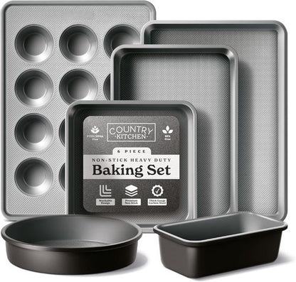 Country Kitchen Nonstick Bakeware Set - Durable & Easy Release, 6-Piece Black Stackable Set