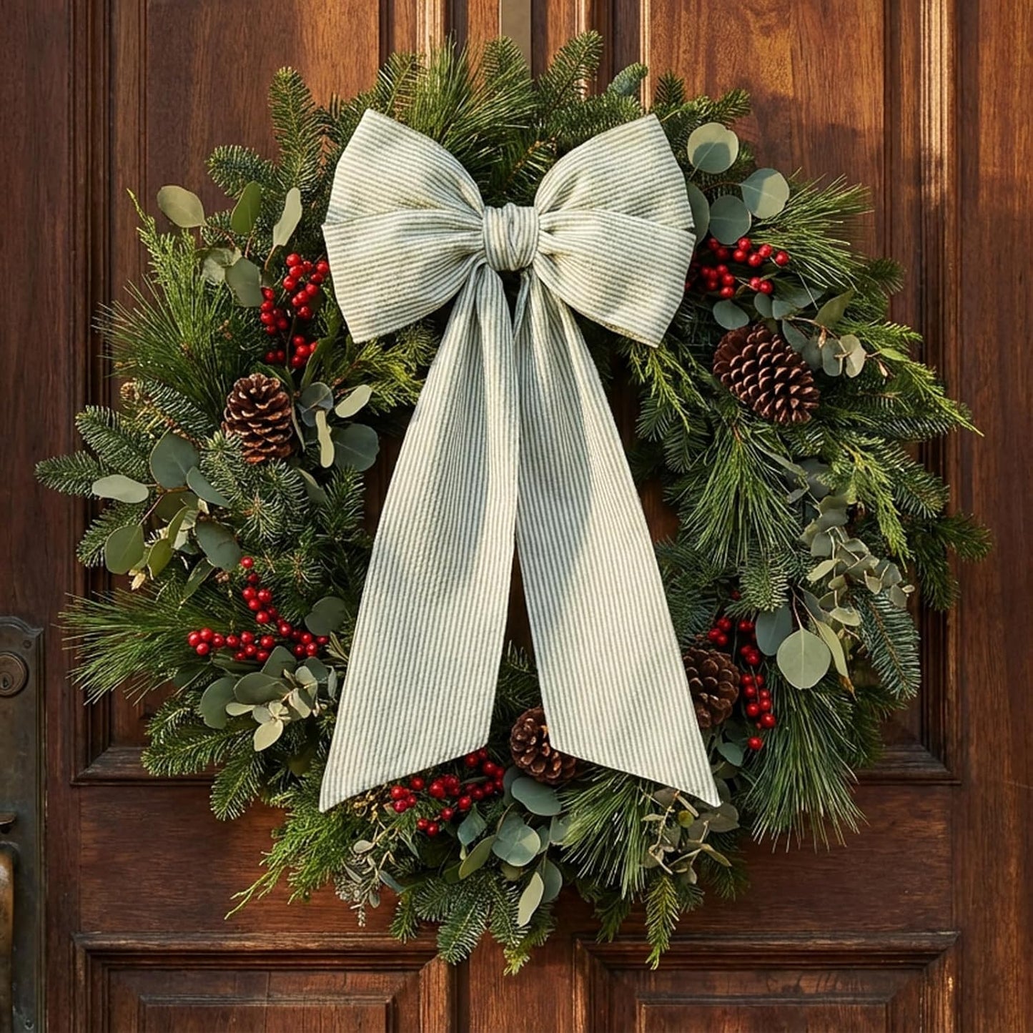 Skiennix Wreath Sash - Holiday Stripes Ribbon for Front Door Decor | 5.1'' W x 59'' L, Green Striped