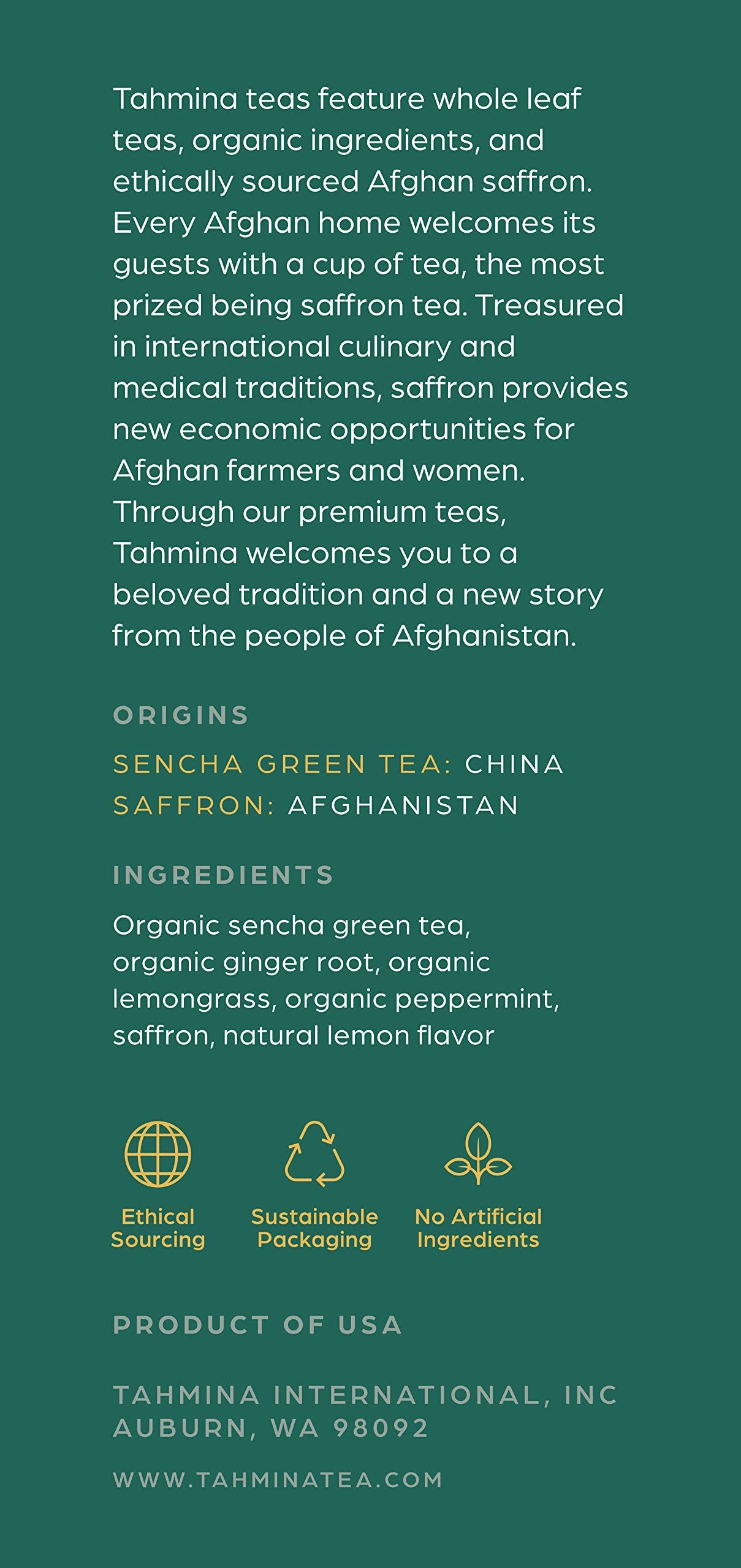 Tahmina Saffron Sencha Tea: Chinese Green Tea Blend with Afghan Saffron, Moderately Caffeinated Tea, 12 Biodegradable Pyramid Tea Bags, Makes 36 Cups of Tea (1 Pack)