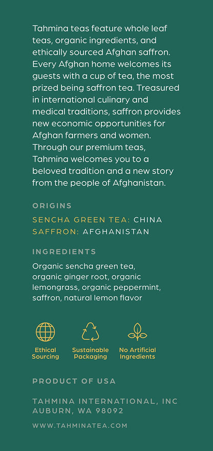 Tahmina Saffron Sencha Tea: Chinese Green Tea Blend with Afghan Saffron, Moderately Caffeinated Tea, 12 Biodegradable Pyramid Tea Bags, Makes 36 Cups of Tea (1 Pack)