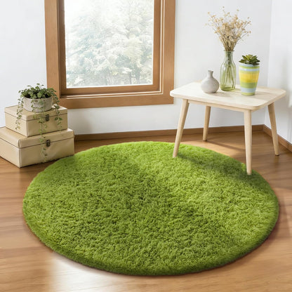 Ophanie Green Round Rug - 4Ft Plush Shaggy Area Rug for Kids' Room Decor | Soft Fluffy Carpet