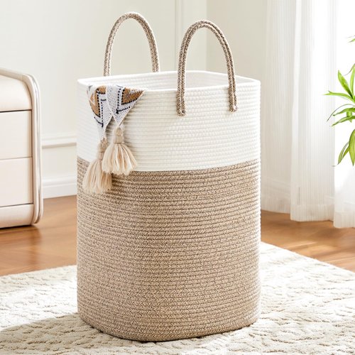 Laundry Basket,Woven Cotton Rope Laundry Hamper,Versatile Storage for Dirty Clothes,Baby Toys,and Blankets in Bathroom, Nursery,and Living Room (Brown, 60L)
