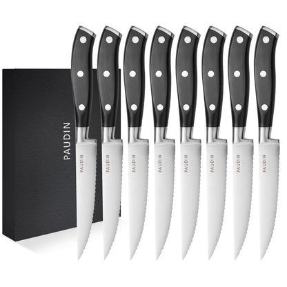 PAUDIN Steak Knives Set of 8, Steak Knives 4.5 Inch, High Carbon Stainless Steel Serrated Steak Knife Set with Full Tang Forged Blade & ABS Handle, Dinner Knives Black
