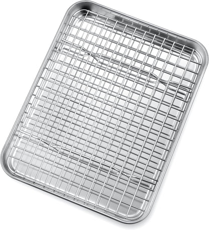 P&P CHEF Toaster Oven Pan Set - 10.4 Inch Stainless Steel Baking Tray with Cooling Rack | Dishwasher Safe, Non-Toxic & Durable