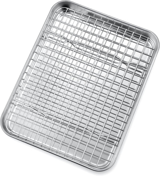 P&P CHEF Toaster Oven Pan Set - 10.4 Inch Stainless Steel Baking Tray with Cooling Rack | Dishwasher Safe, Non-Toxic & Durable