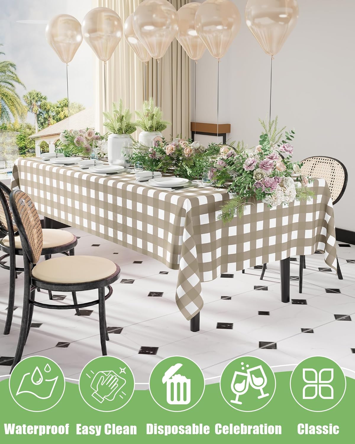 Smiry Gingham Disposable Tablecloths - 8 Packs of Waterproof 54 x 108 Inch Khaki & White Covers for Parties