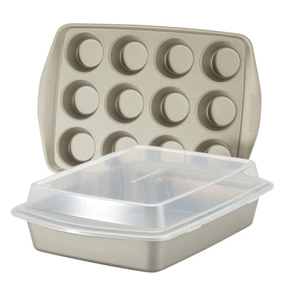 Rachael Ray Nonstick Bakeware Set without Grips includes Nonstick Baking Pan with Lid and Muffin Pan / Cupcake Pan - 3 Piece, Silver