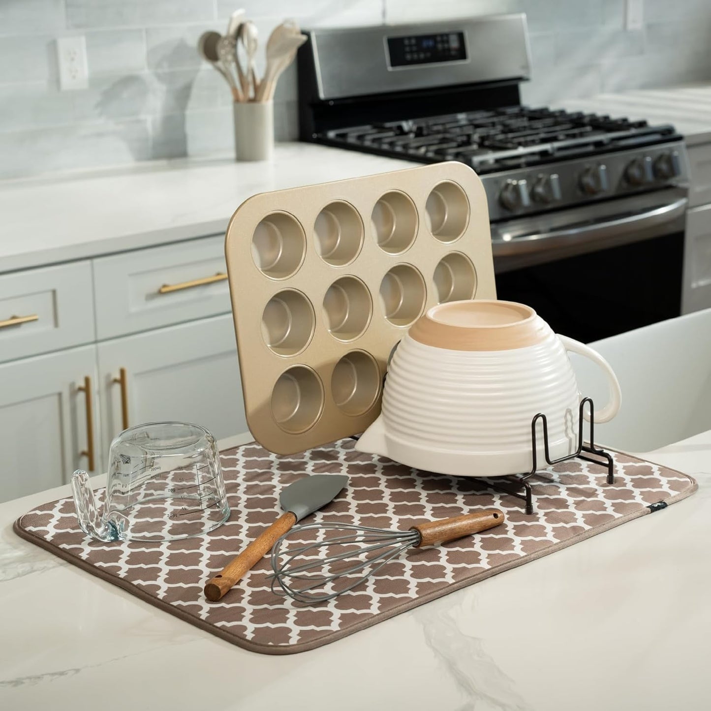 S&T INC. XL Dish Drying Mat - Absorbent Microfiber Kitchen Counter Pad | 18” x 24”, Taupe Trellis