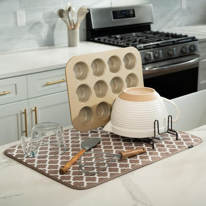 S&T INC. XL Dish Drying Mat - Absorbent Microfiber Kitchen Counter Pad | 18” x 24”, Taupe Trellis
