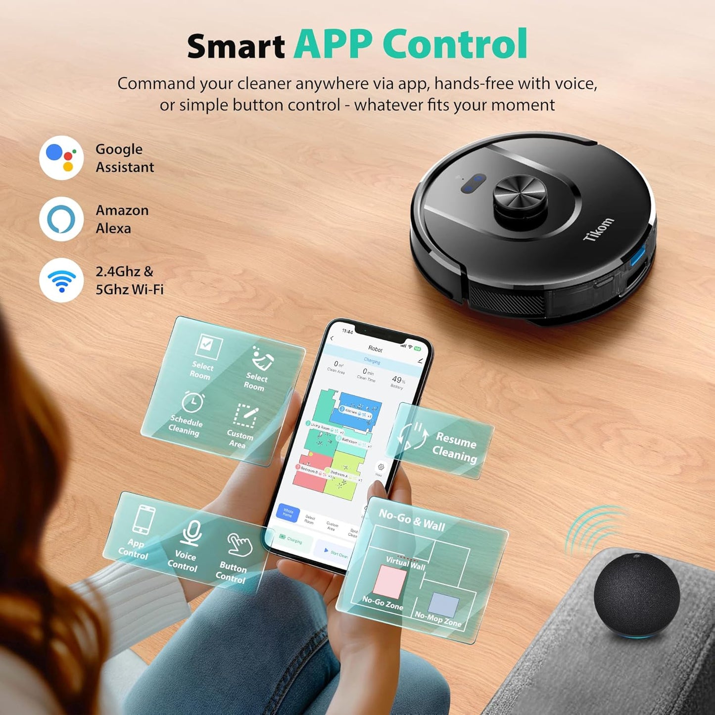 Tikom Robot Vacuum - 6000Pa Robotic Cleaner with Self-Emptying Base & LiDAR Navigation | Ideal for Pet Hair & Hard Floors (L8000 Plus)