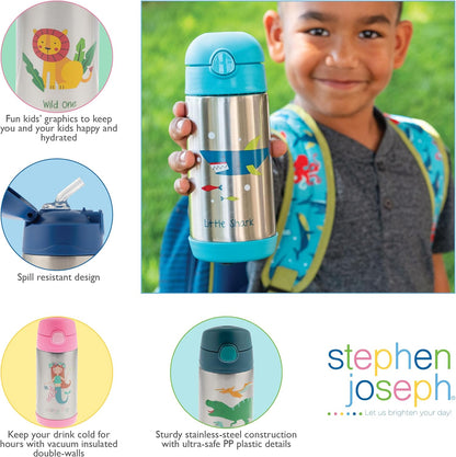 Stephen Joseph Insulated Water Bottle - Double Wall Stainless Steel, BPA-Free, 11.8 Ounces, Dino Design