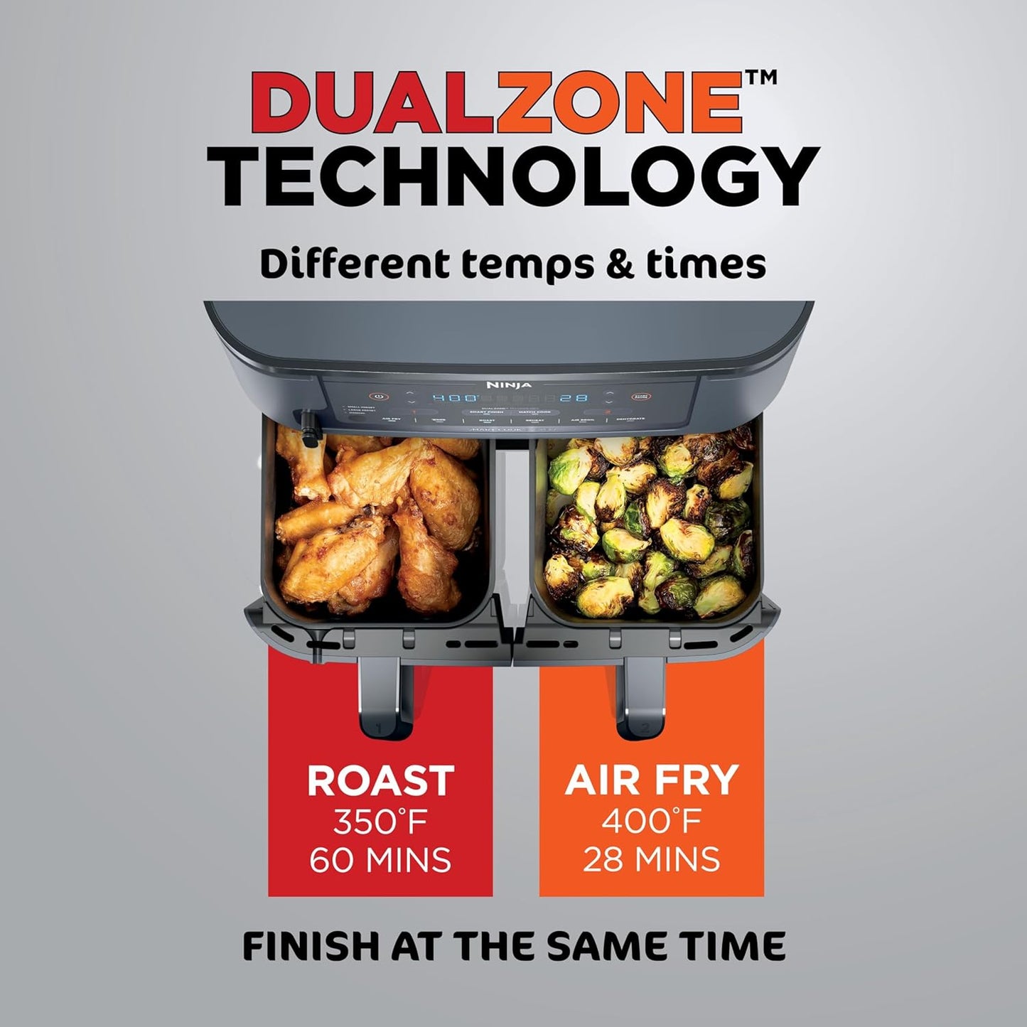 Ninja Foodi Air Fryer - 6-in-1 Smart Cook Thermometer & DualZone™ Technology | XL 10 Qt Stainless Steel | Grey