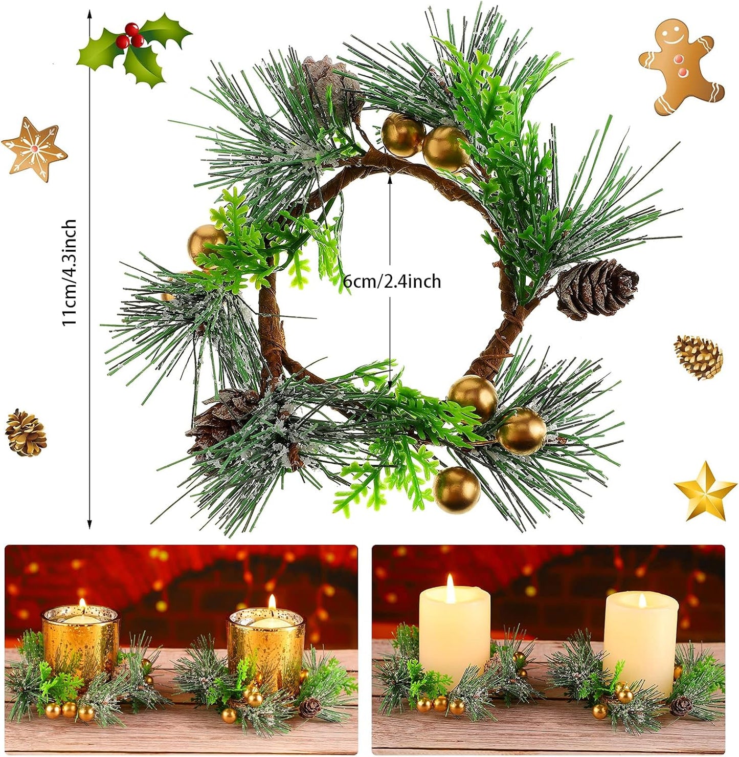 Regine Switzerland Christmas Candle Rings - 6 Pcs Mini Wreaths with Berries & Pine Cones | 4.7 Inch Holiday Decor