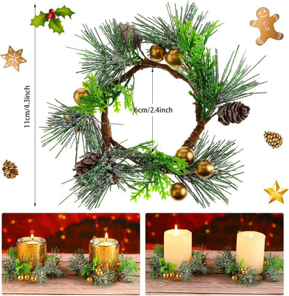 Regine Switzerland Christmas Candle Rings - 6 Pcs Mini Wreaths with Berries & Pine Cones | 4.7 Inch Holiday Decor