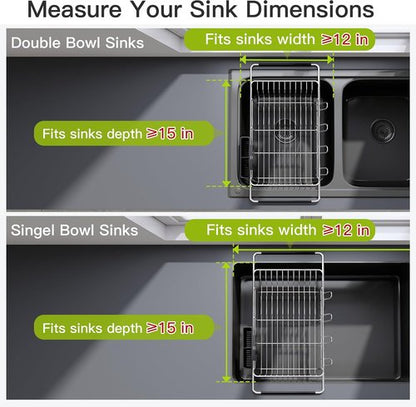 JASIWAY Expandable Stainless Steel Dish Drying Rack - In-Sink Design with Utensil Holder | Silver Finish