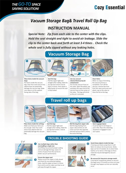 Cozy Essential Vacuum Storage Bags, 80% Compression Vacuum Seal Space Saver Plastic Packaging Bags for Clothes, Blankets, Pillow, Bedding, Comforters, Sealer Clothing Storage,20 Combo
