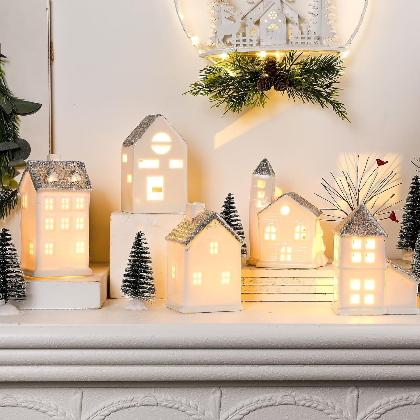 Zubebe 30 Pcs LED Christmas Village Set - Porcelain Holiday Figurines for Indoor Decor | Silver