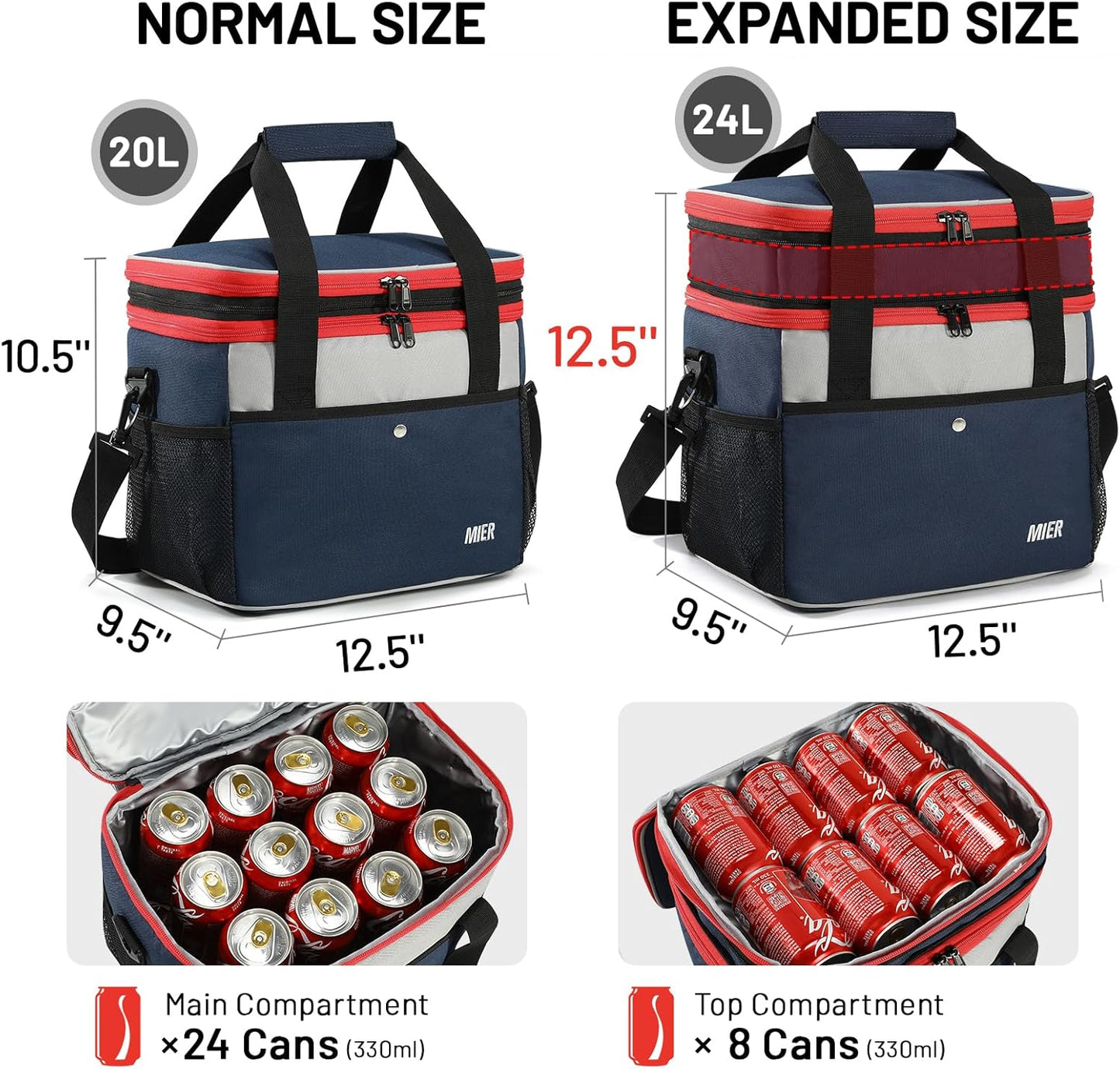MIER Expandable 24L Lunch Bag - Double Layer Insulated Cooler Tote for Work & Travel | Navy Blue