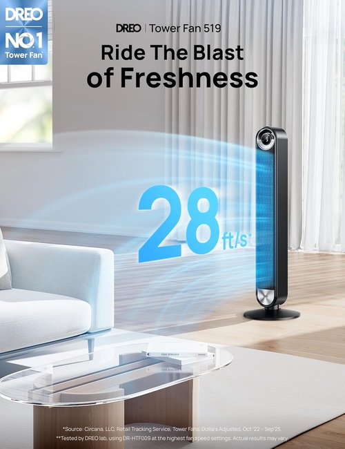 DREO Tower Fan - Ultra-Quiet 9-Speed Bladeless Floor Fan | 90° Oscillation & 12-Hour Timer